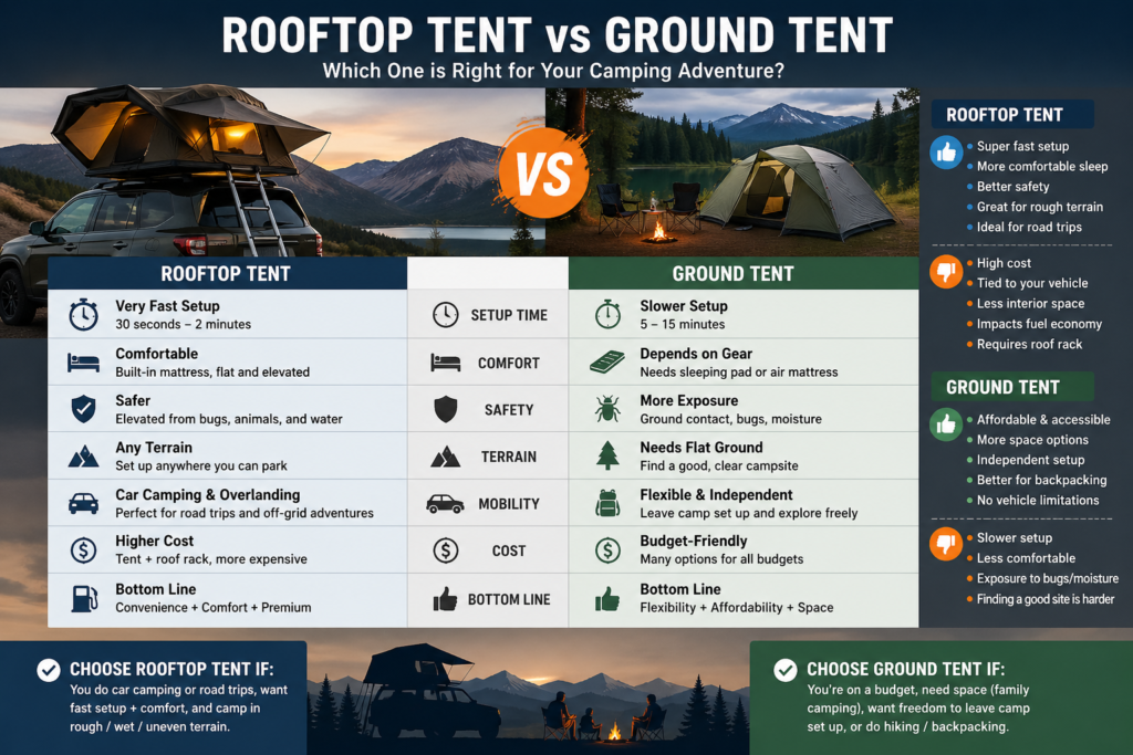 Hard Shell Rooftop Tent vs Ground Tent: Which Is More Profitable for Dealers in 2026? Rooftop Tent VS Ground Tent 1024x683